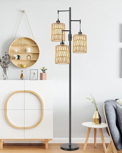 Dimmable Floor Lamp for Living Room with 3 Rattan Boho Shades,Farmhouse Floor Lamps with Three Led Bulb, Boho Rustic Standing Lamp Black Tree Tall Floor Pole Lamp for Living Bedroom,Office,Corner - LeafyLoom