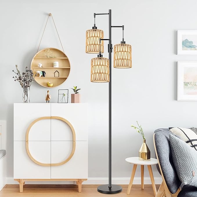 Dimmable Floor Lamp for Living Room with 3 Rattan Boho Shades,Farmhouse Floor Lamps with Three Led Bulb, Boho Rustic Standing Lamp Black Tree Tall Floor Pole Lamp for Living Bedroom,Office,Corner - LeafyLoom