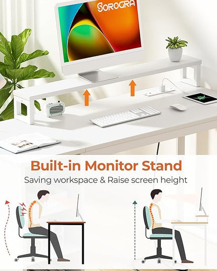White Computer Desk with LED Lights and Power Outlets 39.4 inch Home Office Desk with Storage Shelves, Small Writing Desk with Monitor Stand for Bedroom, Workstation - LeafyLoom