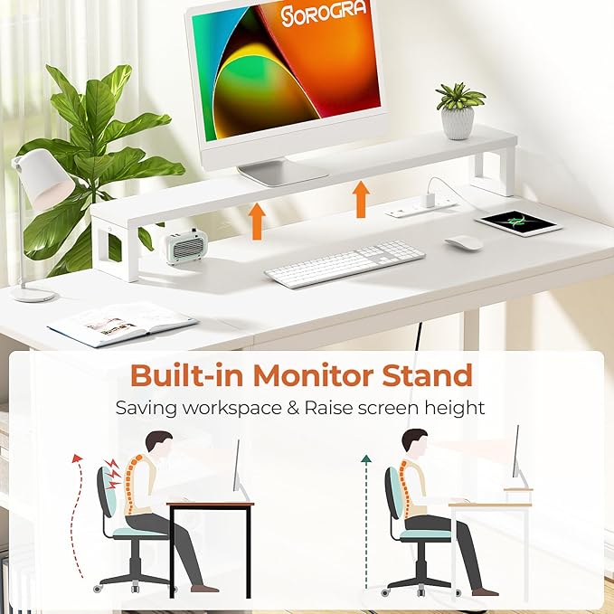 White Computer Desk with LED Lights and Power Outlets 47 inch Home Office Desk with Storage Shelves, Small Writing Desk with Monitor Stand for Bedroom, Workstation - LeafyLoom