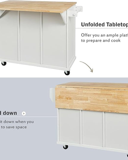 Kitchen Island with Storage, Rolling Table on Wheels w/Drop-Leaf Countertop,Internal Racks, Cabinet, 3 Drawers for Dinning Room, Rubber Wood Contertop - LeafyLoom