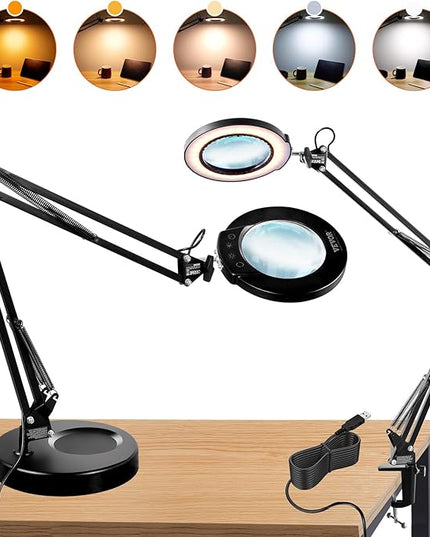 VEVOR 5X Magnifying Glass with Light and Stand, 【Upgraded】 5 Color Modes Stepless Dimmable, 4.3" Glass Lens Magnifier Desk lamp, 2-in-1 Magnifying Light and Stand for Crafts, Reading, Close Work - LeafyLoom