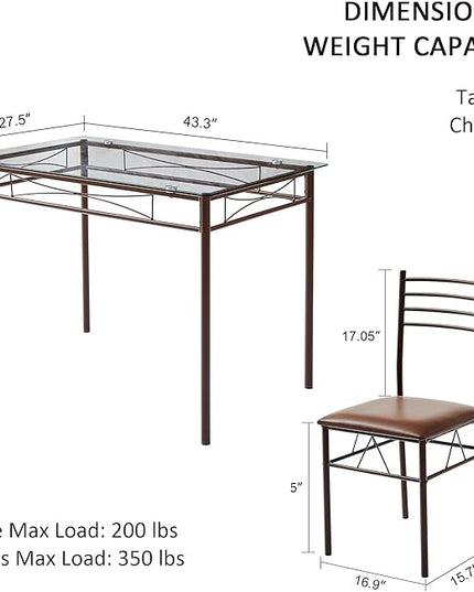 VECELO Kitchen Dining Room Table and Chairs [4 Placemats Included] 5-Piece Dinette Sets, Space Saving (Brown), 43.3" - LeafyLoom