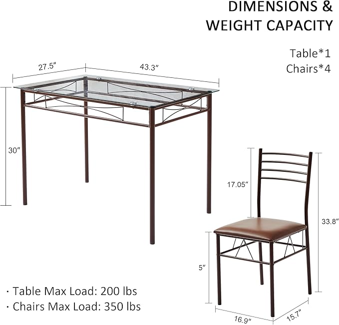 VECELO Kitchen Dining Room Table and Chairs [4 Placemats Included] 5-Piece Dinette Sets, Space Saving (Brown), 43.3" - LeafyLoom