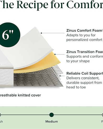 ZINUS 6 Inch Foam and Spring Hybrid Mattress [New Version], Full, Fiberglass free, Medium Firmness, Durable Support, Certified Safe Foams & Fabric, Mattress in A Box - LeafyLoom