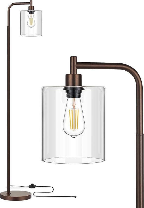 MAXvolador Industrial Floor Lamp, Modern Standing Lamps with Hanging Clear Glass Shade, Classic Reading Tall Pole Light for Living Room Bedroom, Brown - LeafyLoom