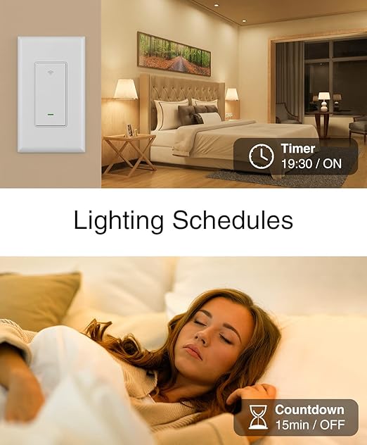 GHome Smart Switch, 2.4Ghz Wi-Fi Switch Works with Alexa, Google Assistant Single-Pole,Neutral Wire Required,UL Certified,Remote/Voice Control and Schedule, No Hub Required, (2 Pack),White GhomeSmart