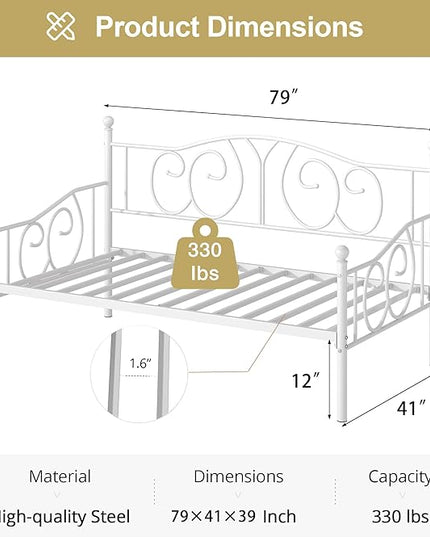 VECELO Twin Daybed Frame, Metal Day Bed with Classic Headboard, Multifunctional Platform Beds for Bedroom, Living Room, Guest Room, No Boxing Spring Needed, White - LeafyLoom