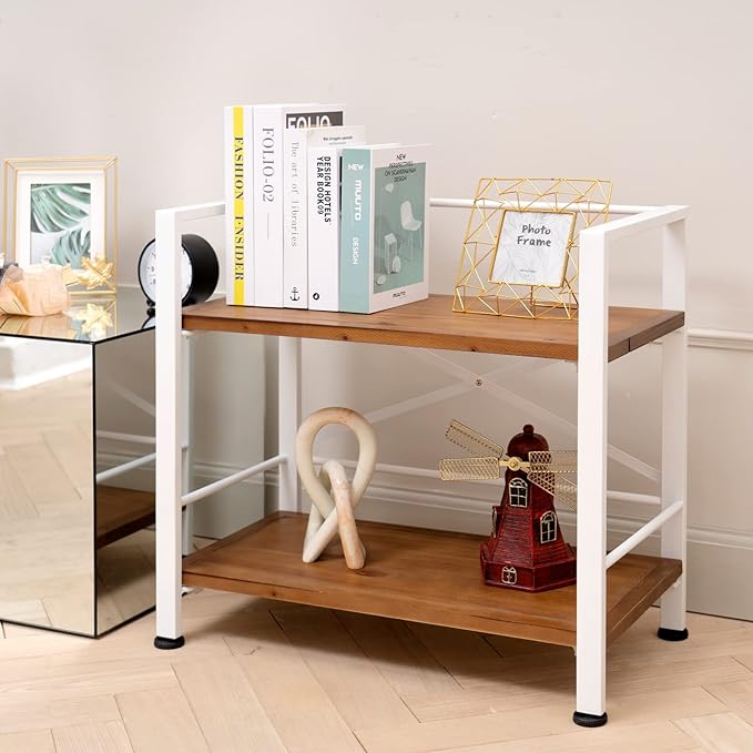 2 Tier White Bookshelf, Real Wood Bookshelf Simply Assembled in 10 Minutes, Metal Book Shelf for Storage, Bookcase for Office Organization and Storage, 12.6 D x 23.62 W x 22.83 H Inches - LeafyLoom