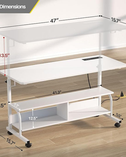 Height Adjustable Standing Desk with Power Outlets, 47" Manual Stand Up Desk with Storage Shelves Small Mobile Rolling Computer Desk Portable Laptop Table with Wheels for Home Office, White - LeafyLoom