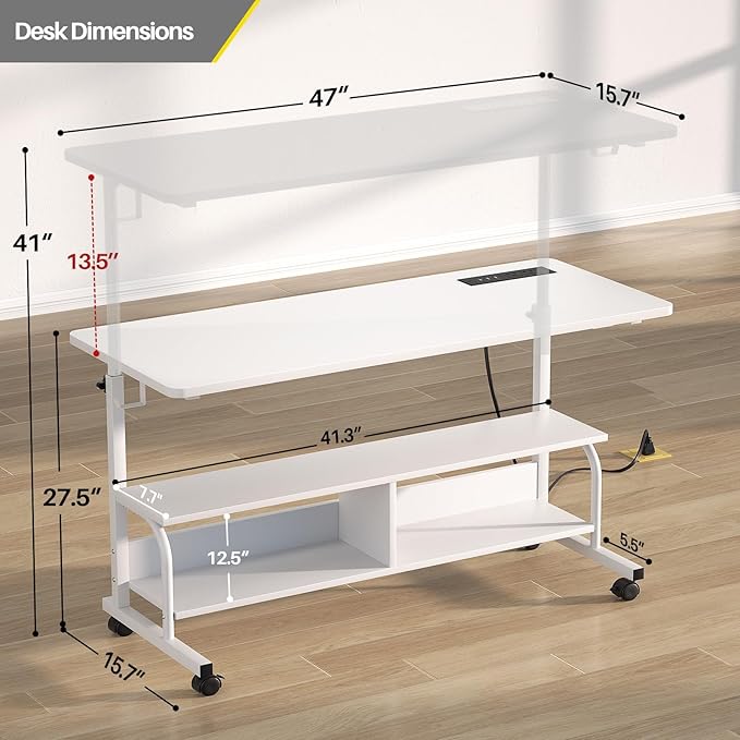 Height Adjustable Standing Desk with Power Outlets, 47" Manual Stand Up Desk with Storage Shelves Small Mobile Rolling Computer Desk Portable Laptop Table with Wheels for Home Office, White - LeafyLoom