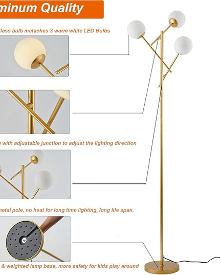 Sputnik 3 Globe Mid Century Floor Lamp Modern Gold, 3 Lights Standing Lamp with Frosted Glass Shade and Bulbs Included, LED Tall Floor Light for Living Room, Bedroom, Office - Antique Brass - LeafyLoom