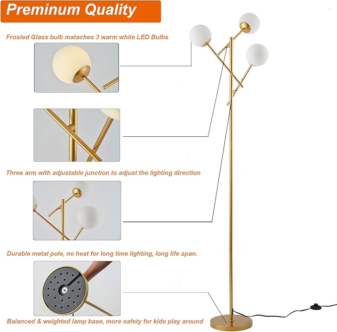 Sputnik 3 Globe Mid Century Floor Lamp Modern Gold, 3 Lights Standing Lamp with Frosted Glass Shade and Bulbs Included, LED Tall Floor Light for Living Room, Bedroom, Office - Antique Brass - LeafyLoom