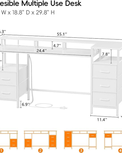White Computer Desk with Power Outlets & LED Lights, Gaming Desk with 5 Fabric Storage Drawers for Working, 55 Inch Home Office Desk with Monitor Stand Shelves, Modern Vanity Desk for Bedroom - LeafyLoom