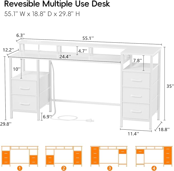 White Computer Desk with Power Outlets & LED Lights, Gaming Desk with 5 Fabric Storage Drawers for Working, 55 Inch Home Office Desk with Monitor Stand Shelves, Modern Vanity Desk for Bedroom - LeafyLoom