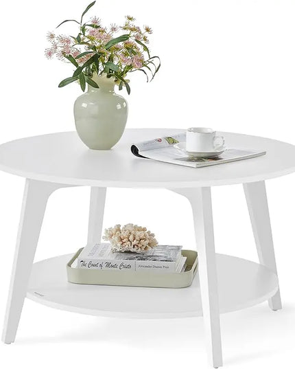 VASAGLE Round Coffee Table, 2 Tier Coffee Table with Storage, for Living Room, 31.5 x 17.7 Inches, Easy to Assemble, Snow White ULCT243W14 - LeafyLoom