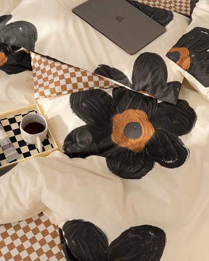 Black Floral Comforter Set Black and White Bedding Full Comforter Set Hand-Drawn Flowers Cotton Women Modern Elegant Chic Quilts Blankets Lightweight Black Flower Reversible Bed Comforter Set - LeafyLoom