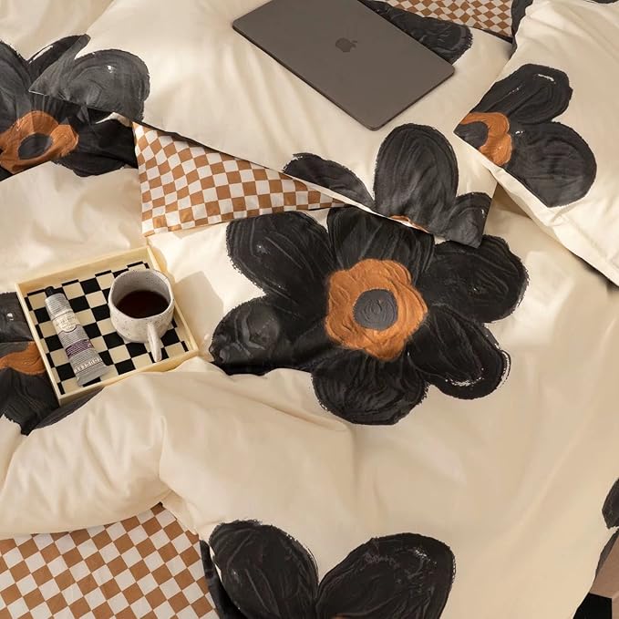 Black Floral Comforter Set Black and White Bedding Full Comforter Set Hand-Drawn Flowers Cotton Women Modern Elegant Chic Quilts Blankets Lightweight Black Flower Reversible Bed Comforter Set - LeafyLoom
