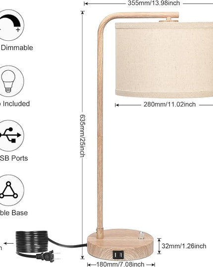 Farmhouse Table Lamp, Fully Dimmable Bedisde Lamp with Dual USB Charging Ports, Modern Nightstand Lamp, Tall Table Lamp Desk Reading Lamp for Living Room, Bedroom, Office, 9W LED Bulb Included - LeafyLoom