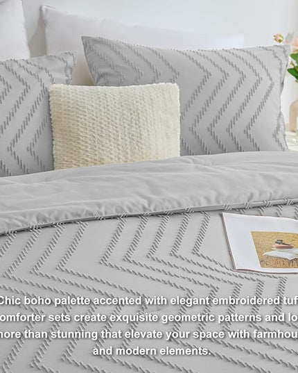 CozyLux Queen Comforter Set Light Grey - 3 Pieces Boho Tufted Shabby Chic Bedding Comforter Set for All Seasons, Chevron Bedding Sets with Comforter & 2 Pillow Shams - LeafyLoom