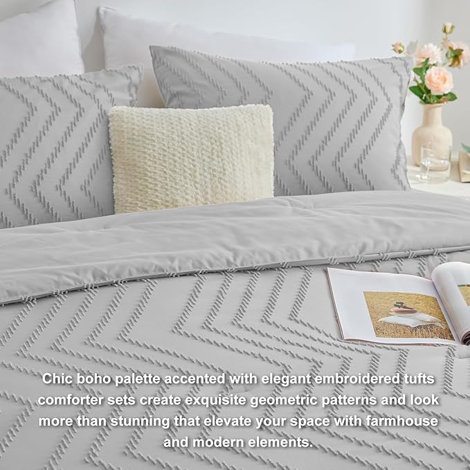 CozyLux Queen Comforter Set Light Grey - 3 Pieces Boho Tufted Shabby Chic Bedding Comforter Set for All Seasons, Chevron Bedding Sets with Comforter & 2 Pillow Shams - LeafyLoom