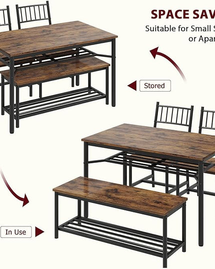IDEALHOUSE Dining Table Set for 4, Kitchen Table and Chairs for 4 with Storage Bench, Rectangular Kitchen Table Set with Wine Rack, Dining Room Table Set for Small Space, Apartment, Retro Brown - LeafyLoom