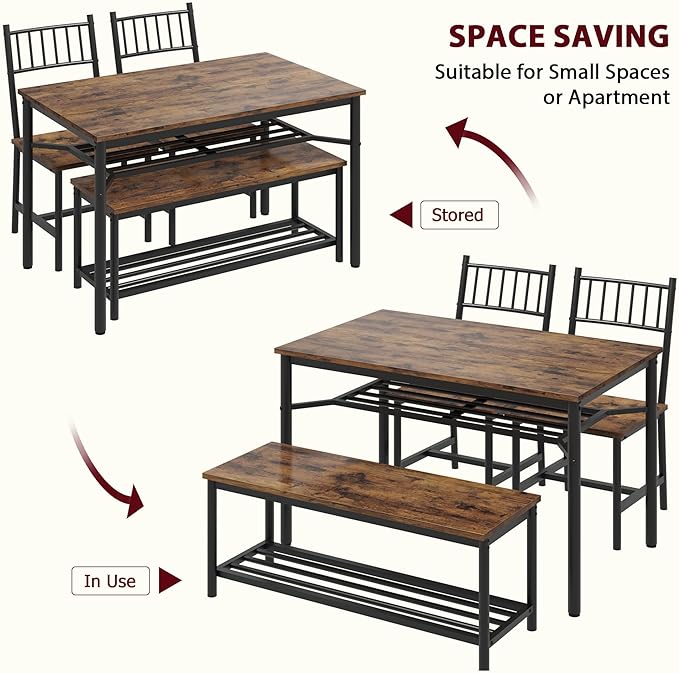 Dining Table Set for 4, Kitchen Table and Chairs for 4 with Wine Rack, Rectangular Dining Room Table Set with Bench, 4 Piece Dining Table Set for Small Space, Apartment, Retro Brown - LeafyLoom