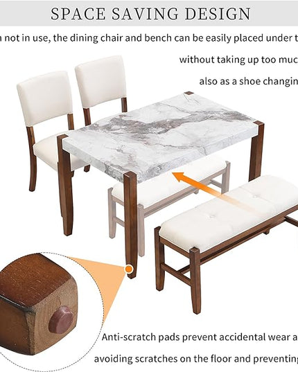 NicBex Dining Table Set for 4 Kitchen Table Set Modern 46" Faux Marble Style Table and 2 Upholstered Chairs & Bench with Wood Legs for Kitchen, Space-Saving, Off White - LeafyLoom