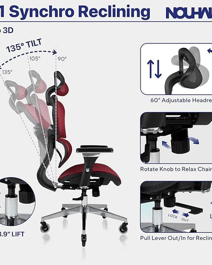 Nouhaus Ergo3D Ergonomic Office Chair Lumbar Support Mesh Office Chair with 4D Adjustable Armrest, Adjustable Headrest and Wheels, Mesh High Back Home Office Desk Chairs(Burgundy) - LeafyLoom