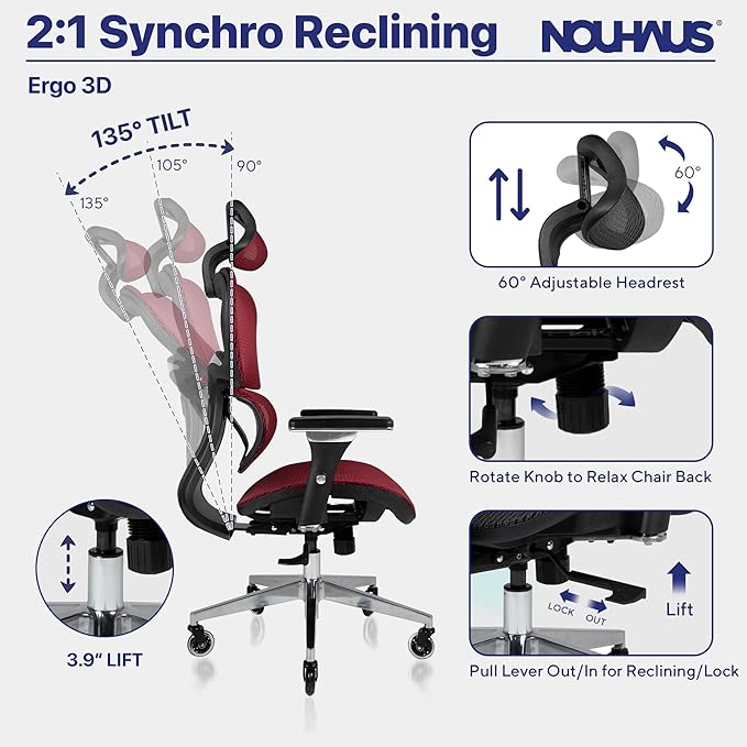 Nouhaus Ergo3D Ergonomic Office Chair Lumbar Support Mesh Office Chair with 4D Adjustable Armrest, Adjustable Headrest and Wheels, Mesh High Back Home Office Desk Chairs(Burgundy) - LeafyLoom