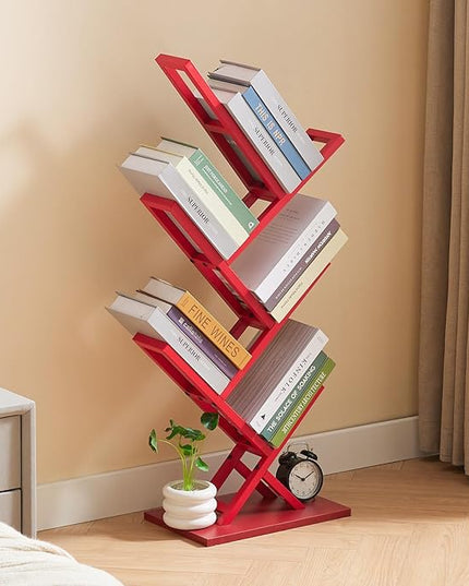 5 Tier Tree Bookshelf, Wisdom Tree Bookshelf, Modern Corner Book Shelfe, Small Bookshelf for Small Spaces, Utility Organizer for CDs/Books/Home Office/Living/Bedroom Room-Red - LeafyLoom