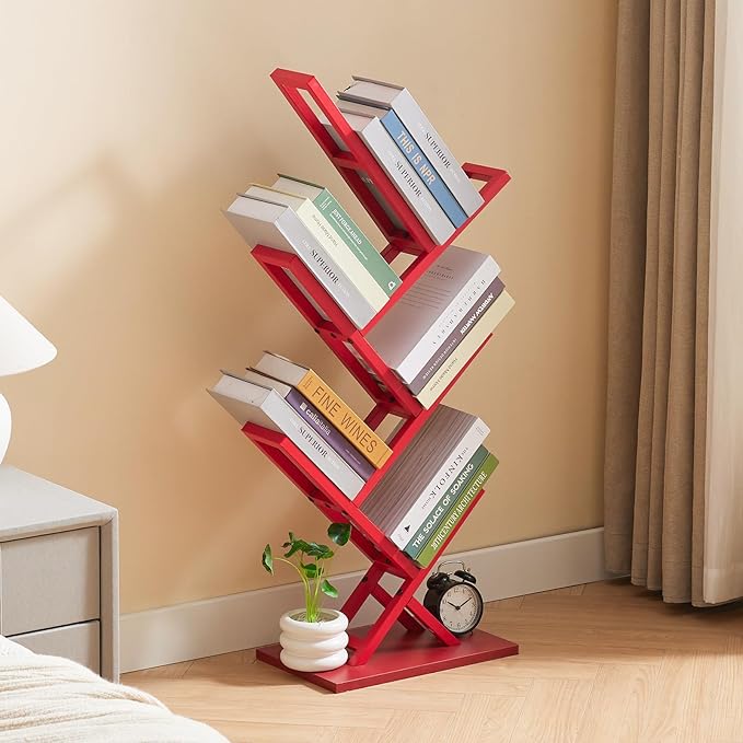5 Tier Tree Bookshelf, Wisdom Tree Bookshelf, Modern Corner Book Shelfe, Small Bookshelf for Small Spaces, Utility Organizer for CDs/Books/Home Office/Living/Bedroom Room-Red - LeafyLoom