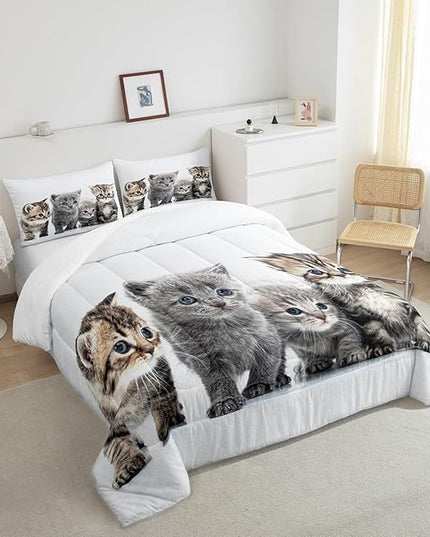 Feelyou Cat Comforter Kids Cute Cat Bedding Set Cartoon Pet Cats Comforter Set for Girls Boys Cute Kitten Room Decor Cat Lovers Kawaii Animal Quilt King Size with 2 Pillow Case Boys - LeafyLoom