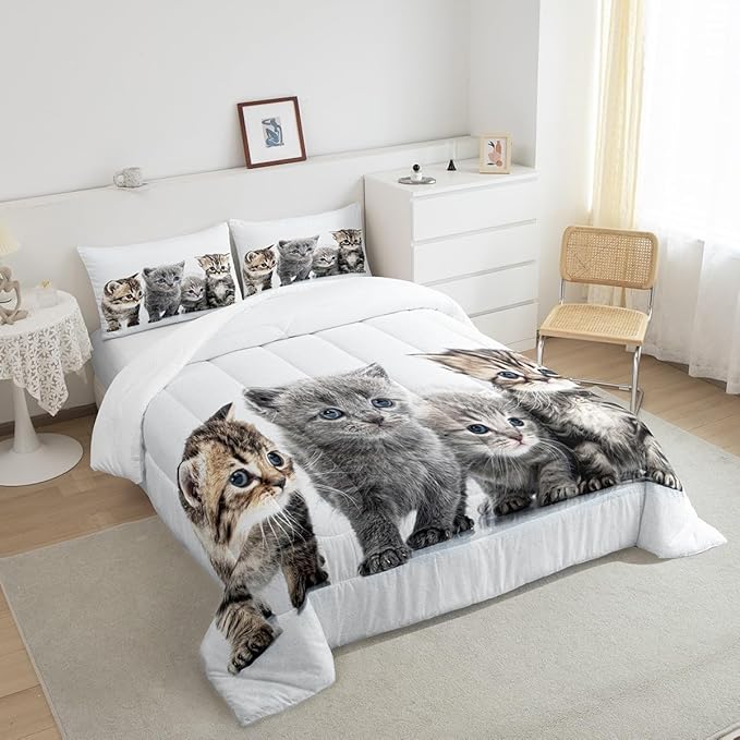 Feelyou Cat Comforter Kids Cute Cat Bedding Set Cartoon Pet Cats Comforter Set for Girls Boys Cute Kitten Room Decor Cat Lovers Kawaii Animal Quilt King Size with 2 Pillow Case Boys - LeafyLoom