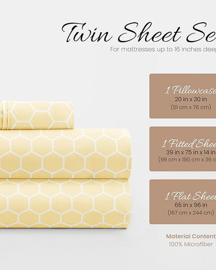 3 Piece Twin Bedding Sheet Set (Yellow Geometric) - Sleep Better Than Ever with These Ultra-Soft & Cooling Bed Sheets for Your Twin Size Bed - Deep Pocket Fits 16" Mattress - LeafyLoom