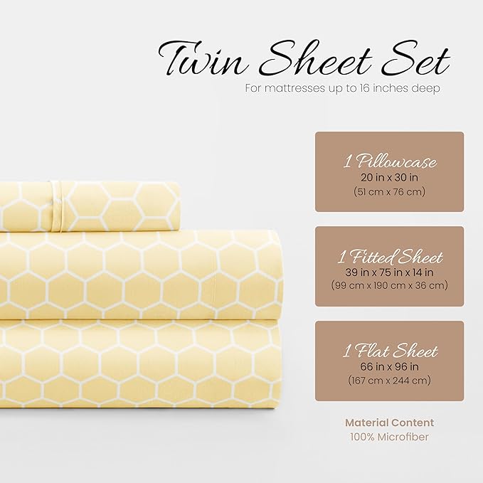 3 Piece Twin Bedding Sheet Set (Yellow Geometric) - Sleep Better Than Ever with These Ultra-Soft & Cooling Bed Sheets for Your Twin Size Bed - Deep Pocket Fits 16" Mattress - LeafyLoom