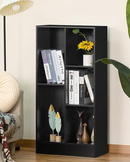 YAHARBO 5 Cube Black Bookshelf,Small Modern Horizontal Bookcase,Wood Floor Standing Low Bookshelves Display Storage Cabinet with Base, Short Book Shelf Open Organizer for Bedroom,Living Room,Office - LeafyLoom