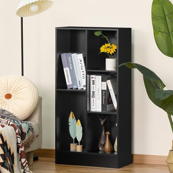 YAHARBO 5 Cube Black Bookshelf,Small Modern Horizontal Bookcase,Wood Floor Standing Low Bookshelves Display Storage Cabinet with Base, Short Book Shelf Open Organizer for Bedroom,Living Room,Office - LeafyLoom