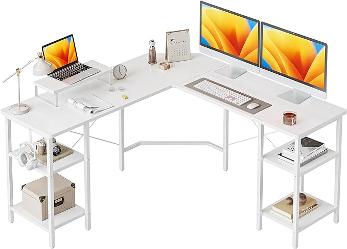 CubiCubi L Shaped Desk, 58.3 inch Computer Corner Desk with 2 Storage Shelves, Home Office Desk with Monitor Stand, White - LeafyLoom