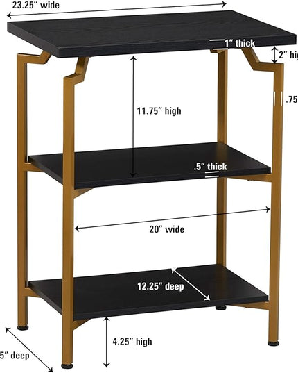 Household Essentials Crown Narrow 3 Shelf Open Storage Bookshelf Black Oak Wood Grain and Gold Metal - LeafyLoom