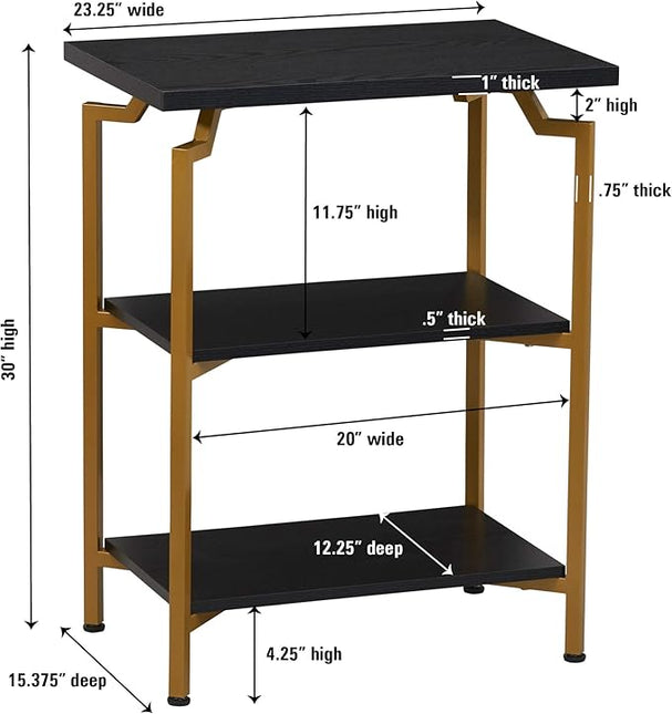 Household Essentials Crown Narrow 3 Shelf Open Storage Bookshelf Black Oak Wood Grain and Gold Metal - LeafyLoom