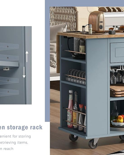 Kitchen Island Drop Leaf & Power Outlet, Mobile Cart w/Open Storage Wine Rack, Lockable Universal Wheels and Unfolded Tabletop, for Home, Dining Room, Grey Blue, 39.8 Inch - LeafyLoom