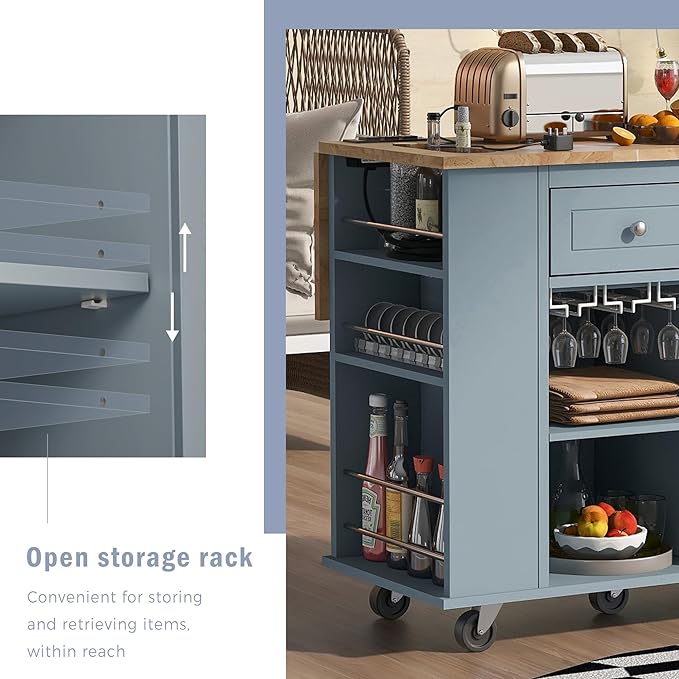 Kitchen Island Drop Leaf & Power Outlet, Mobile Cart w/Open Storage Wine Rack, Lockable Universal Wheels and Unfolded Tabletop, for Home, Dining Room, Grey Blue, 39.8 Inch - LeafyLoom