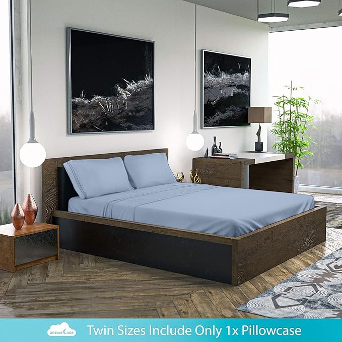 DREAMCARE Sheet Set - 4pcs Cooling Microfiber, Deep Pocket King, Hotel Luxury, Soft 100% Fine Microfiber with Side Pocket - Light Blue - LeafyLoom