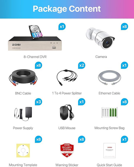 ZOSI 3K Lite Home Security Camera System with Audio,AI Human/Vehicle Detection,Night Vision,8 Channel H.265+ CCTV DVR with 1TB HDD,8pcs 1920TVL Indoor Outdoor Surveillance Cameras,for 24/7 Recording ZOSI