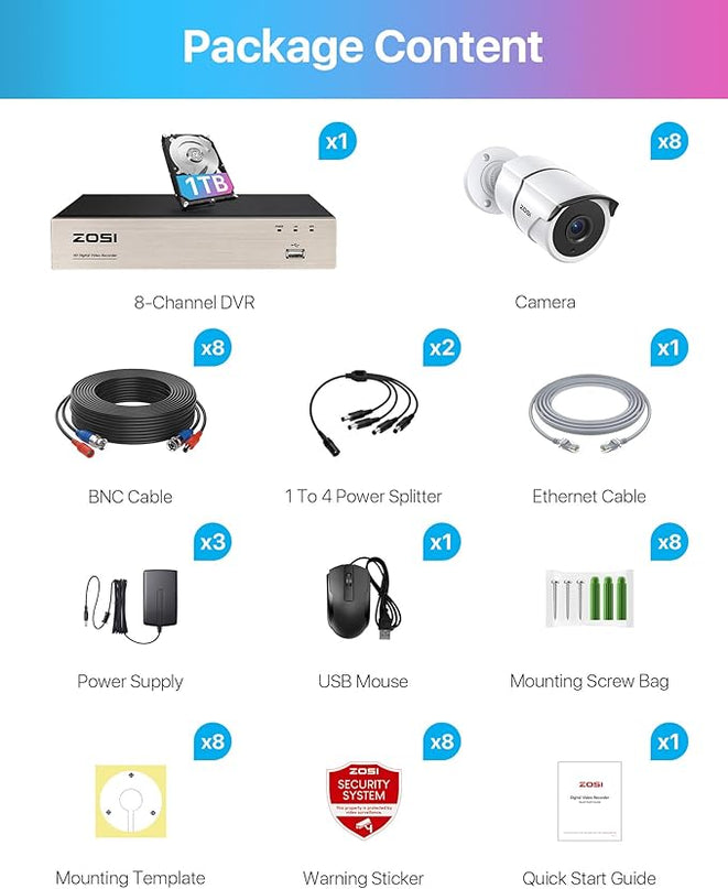 ZOSI 3K Lite Home Security Camera System with Audio,AI Human/Vehicle Detection,Night Vision,8 Channel H.265+ CCTV DVR with 1TB HDD,8pcs 1920TVL Indoor Outdoor Surveillance Cameras,for 24/7 Recording ZOSI