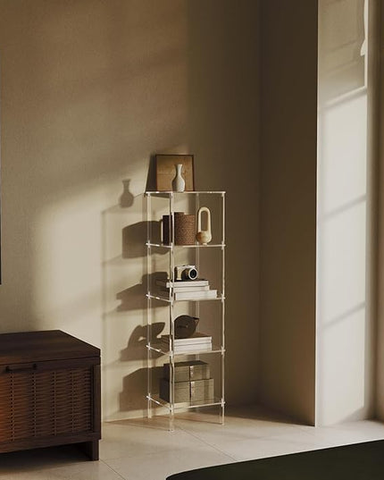 5 Tier Square Acrylic Bookshelf, Small Bookcase with Acrylic Fittings for Fixing to Wall, Corner Display Shelf for Living Room, Bedroom, Bathroom, Small Spaces, Clear, 11.6'' W x 44'' H - LeafyLoom