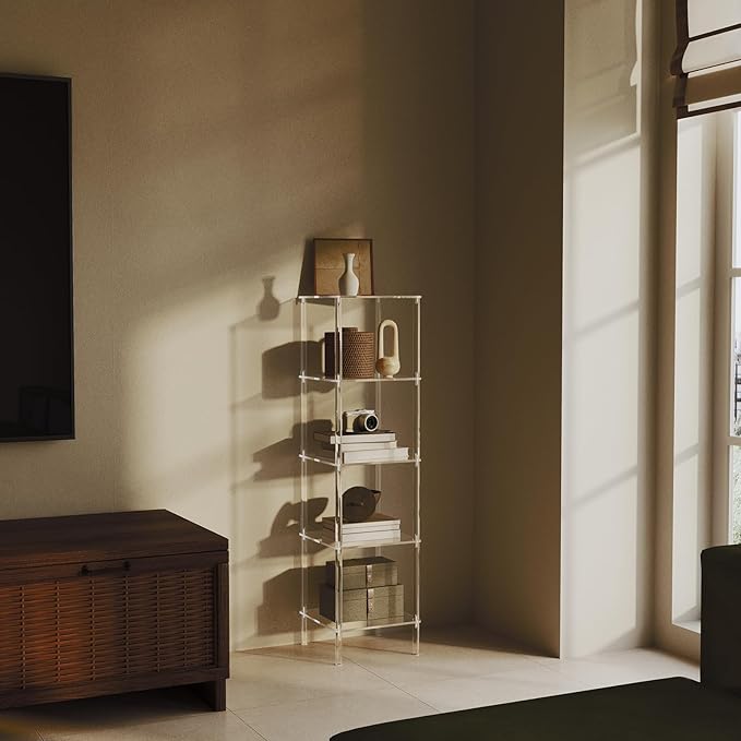 5 Tier Square Acrylic Bookshelf, Small Bookcase with Acrylic Fittings for Fixing to Wall, Corner Display Shelf for Living Room, Bedroom, Bathroom, Small Spaces, Clear, 11.6'' W x 44'' H - LeafyLoom