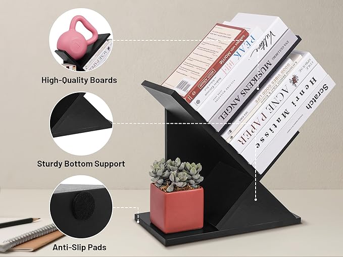 Labcosi 2 Tier Tree Bookshelf, Small Bookshelf for Storing Books/CDs, Wood Book Organizer Shelves for Home Office, Bedroom, Living Room, Black - LeafyLoom