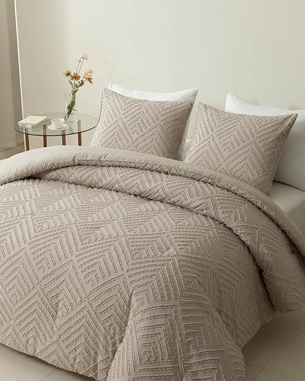 Queen Comforter Set Khaki, Boho Comforter Set 3 Pieces, All Season Tufted Queen Size Bed Comforter Set (90x90In Comforter & 2 Pillowcases) - LeafyLoom